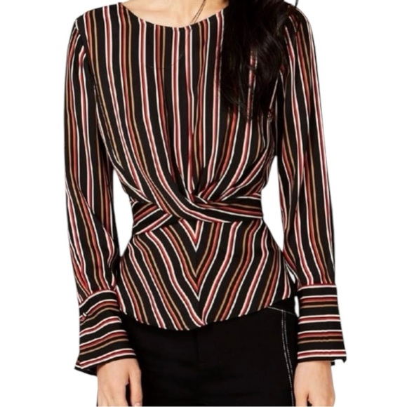 INC International Concepts Striped Twist Front Blouse Black Multi L - Picture 1 of 9